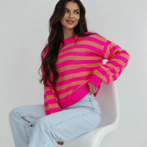 sweter damski Stayhere paski różowo pomarańczowy