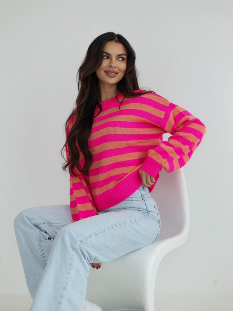 sweter damski Stayhere paski różowo pomarańczowy
