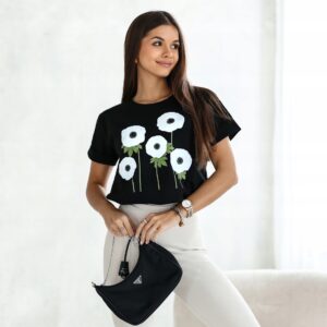 T-shirt damski bluzka Lara Fashion Kwiaty czarny