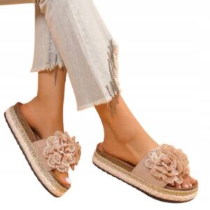 Klapki damskie platforma Seastar Kwiat beżowe