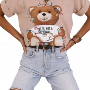 T-shirt damski bluzka świąteczna Lara Fashion Miś beż