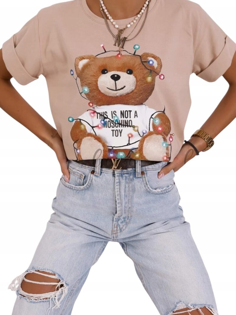 T-shirt damski bluzka świąteczna Lara Fashion Miś beż
