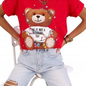 T-shirt damski bluzka świąteczna Lara Fashion Miś czerwona
