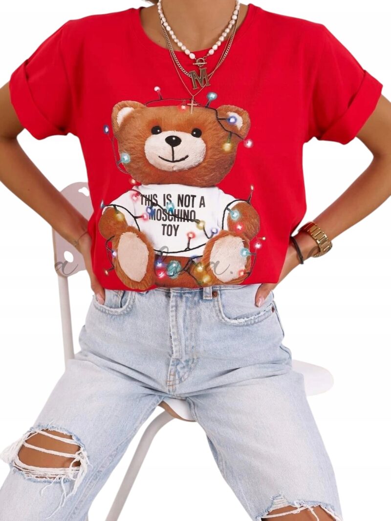 T-shirt damski bluzka świąteczna Lara Fashion Miś czerwona