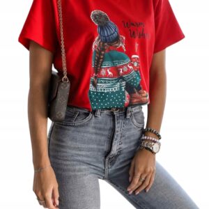 T-shirt damski bluzka świąteczna Lara Fashion czerwona