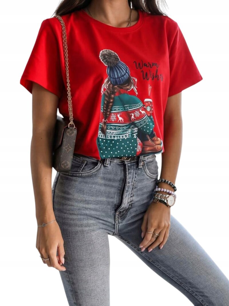 T-shirt damski bluzka świąteczna Lara Fashion czerwona