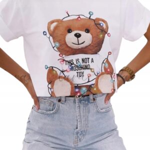 T-shirt damski bluzka świąteczna Lara Fashion Miś biała