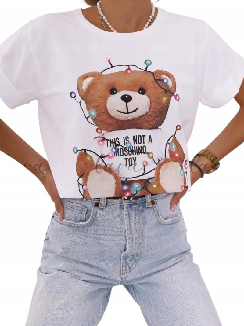 T-shirt damski bluzka świąteczna Lara Fashion Miś biała
