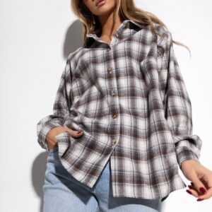 Koszula bawełniana Bianca oversize z kołnierzykiem w kratę brązowa