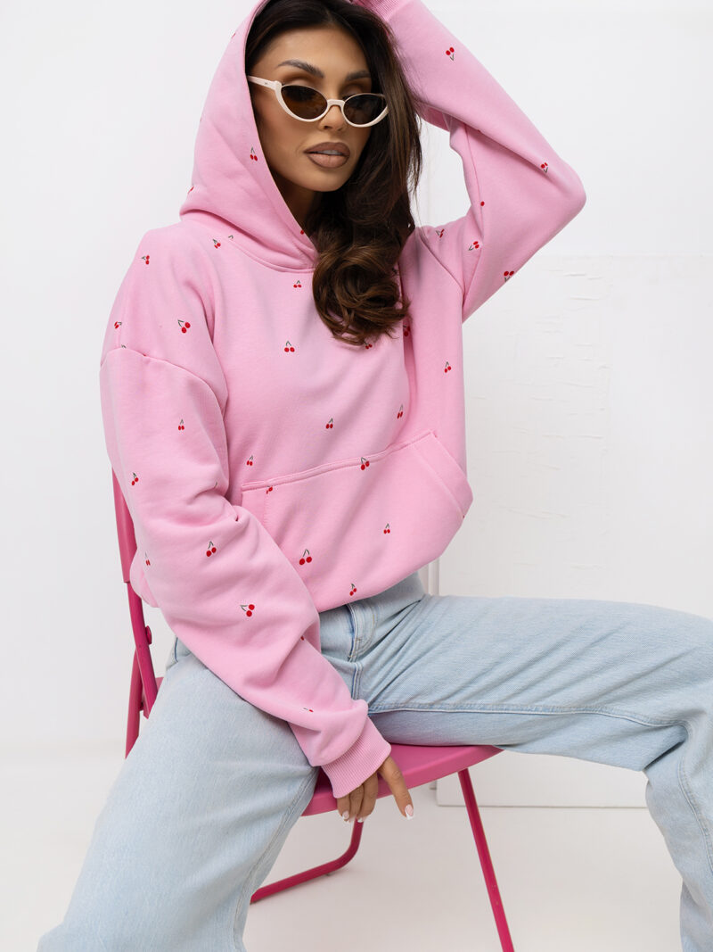 Bluza damska z kapturem Wisienki Lara Fashion róż