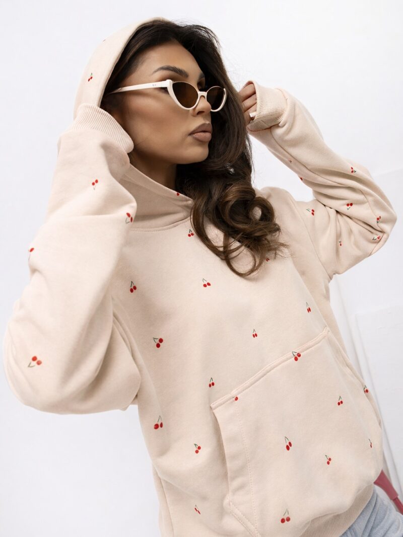 Bluza damska z kapturem Wisienki Lara Fashion beż