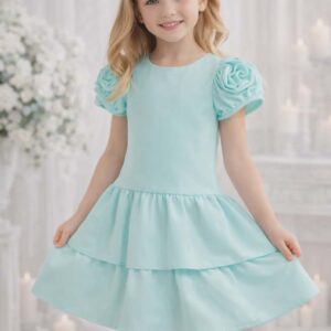 Elegancka Sukienka Dziewczęca Morska Falbanka Rękawy 3D Wesele Komunia