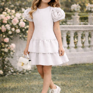 Elegancka Sukienka Dziewczęca Ecru Falbanka Rękawy 3D Wesele Komunia
