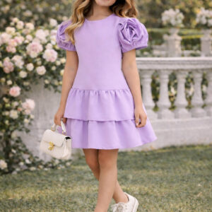 Elegancka Sukienka Dziewczęca Fiolet Falbanka Rękawy 3D Wesele Komunia