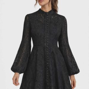 Sukienka koronkowa czarna gipiura elegancka rozkloszowana rękaw bufka