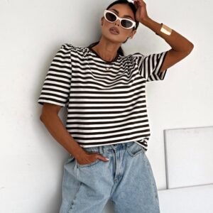 Bluzka damska Bufka Selfie ecru chocolate paski