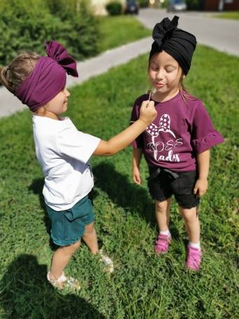 Turban dziecięcy opaska bawełniana biało-khaki w paski - obrazek 3