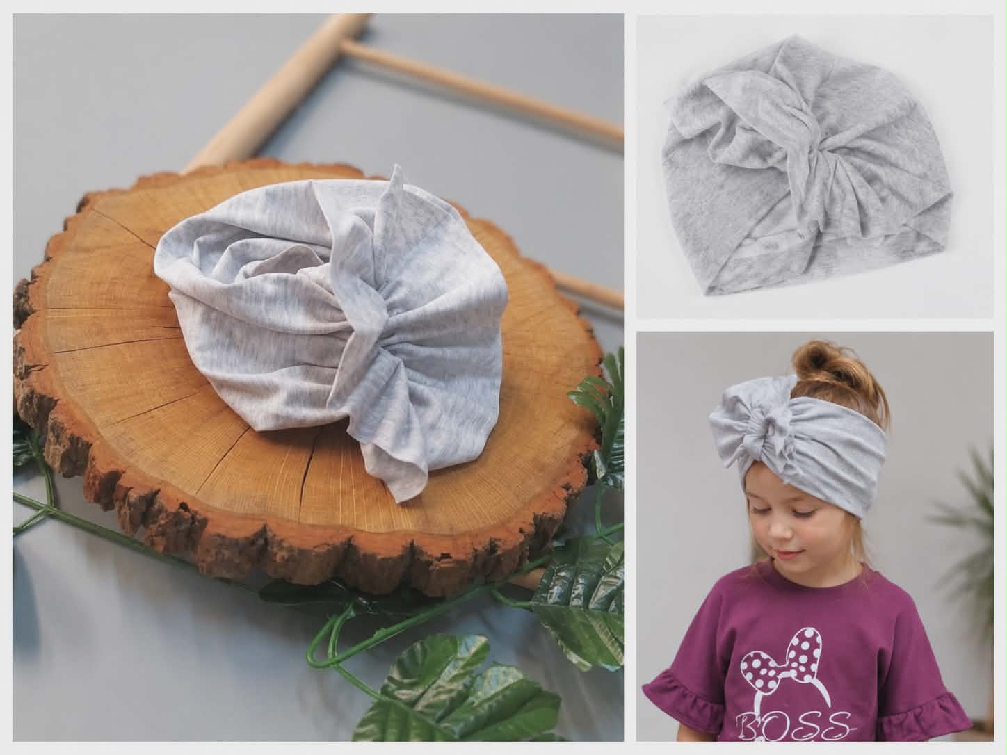 Turban dziecięcy opaska bawełniana biało-khaki w paski - obrazek 5