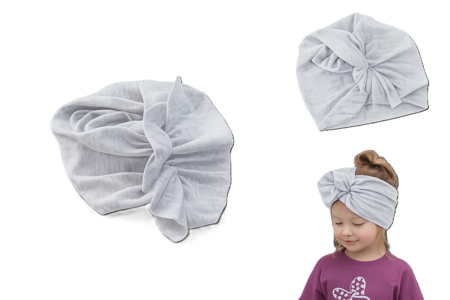 Turban dziecięcy opaska bawełniana biało-khaki w paski - obrazek 6