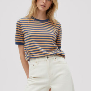 T-shirt damski w paski jeansowo-miodowe Bopoco