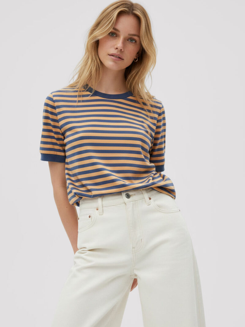 T-shirt damski w paski jeansowo-miodowe Bopoco