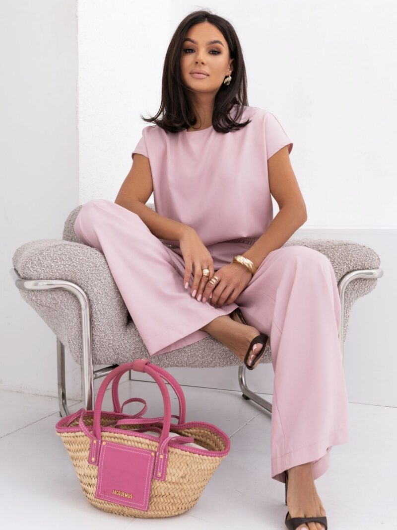 Elegancki dwuczęściowy komplet Olga bluzka + spodnie pudrowy róż