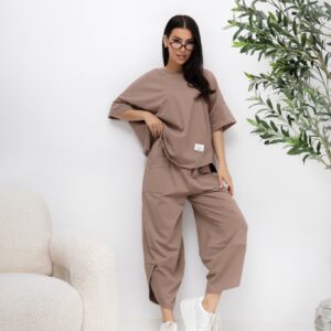 Komplet damski Premium Vibe Lara bluzka spodnie fango