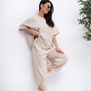 Komplet damski Premium Vibe Lara bluzka spodnie jasny beż