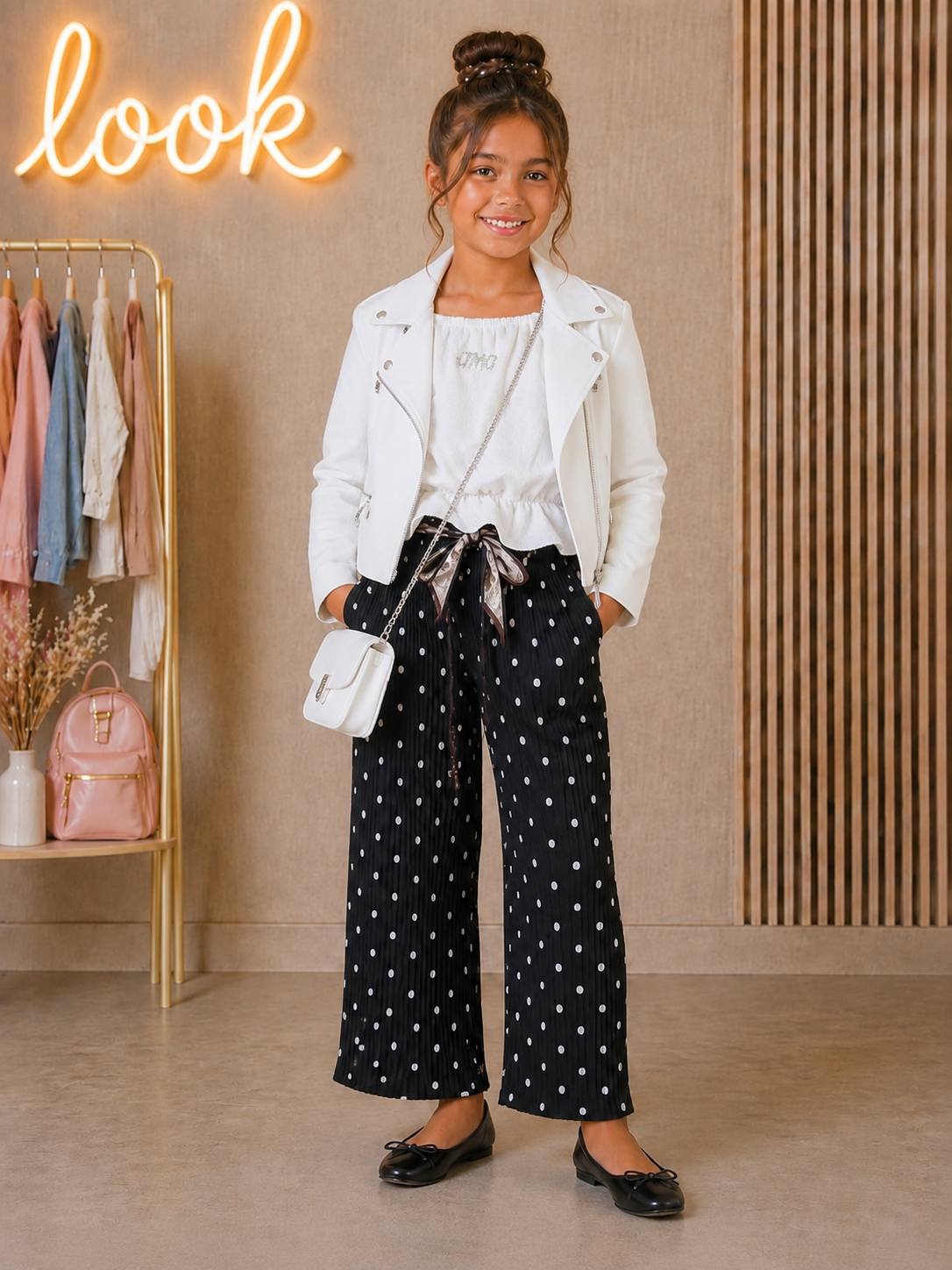 Eleganckie spodnie dziewczęce culotte czarne w grochy z paskiem - obrazek 3