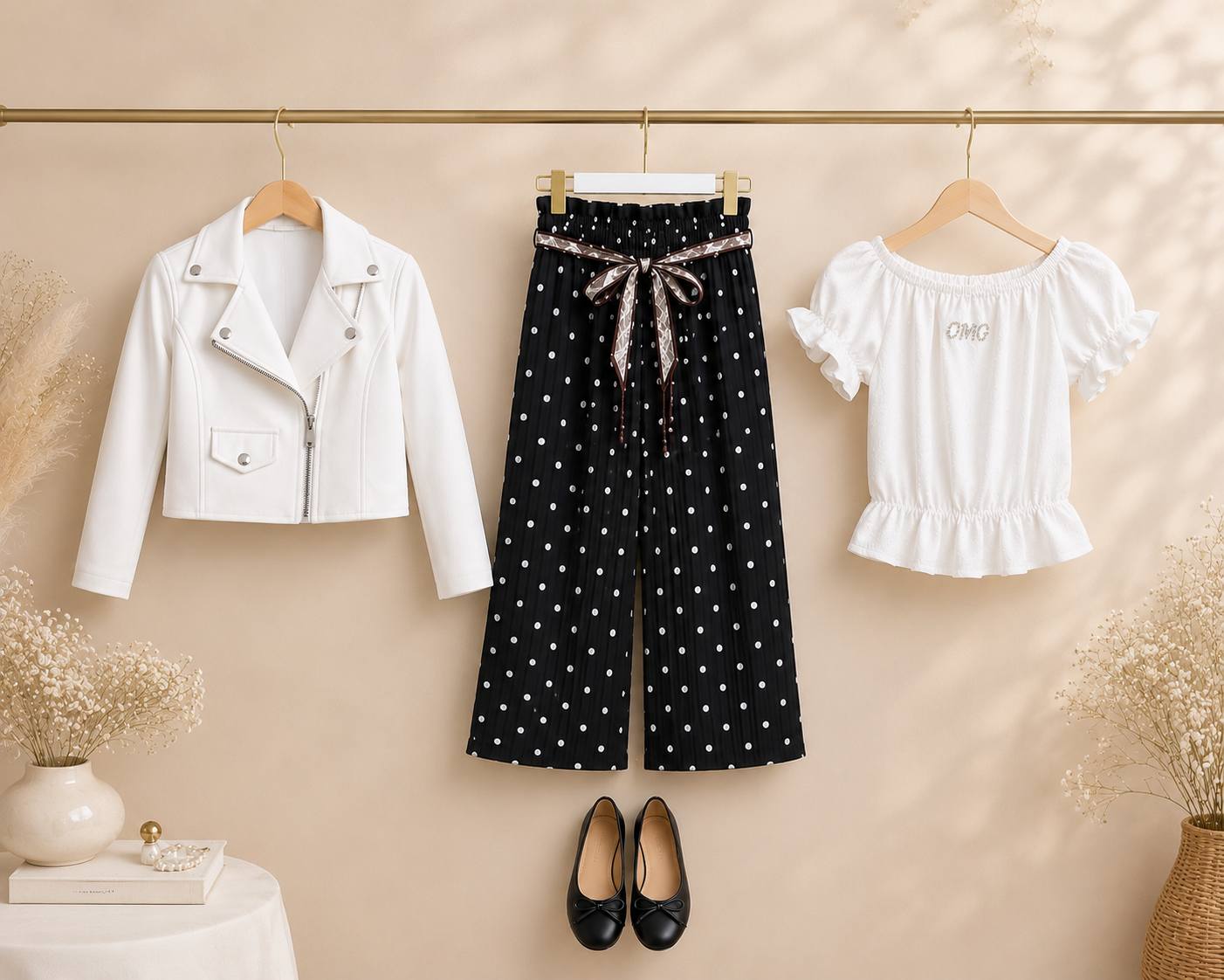 Eleganckie spodnie dziewczęce culotte czarne w grochy z paskiem - obrazek 4