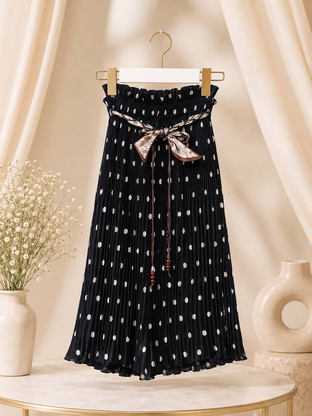 Eleganckie spodnie dziewczęce culotte czarne w grochy z paskiem - obrazek 5