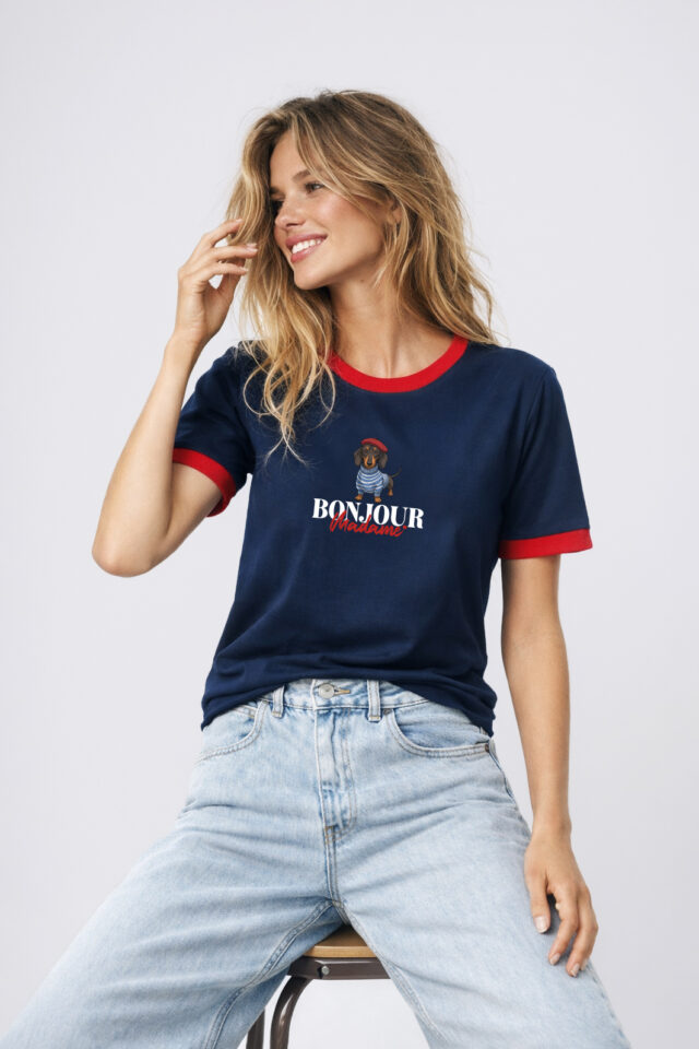 T-shirt granatowy BONJOUR z lamówką jamniczek Bopoco