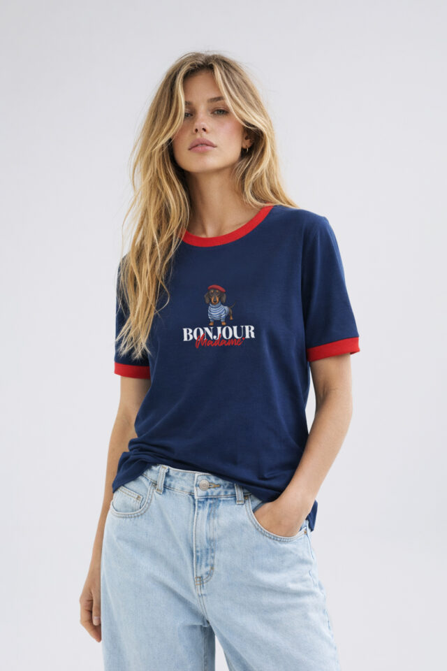 T-shirt granatowy BONJOUR z lamówką jamniczek Bopoco - obrazek 3