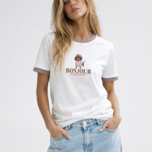 T-shirt śmietankowy BONJOUR z lamówką jamniczek Bopoco