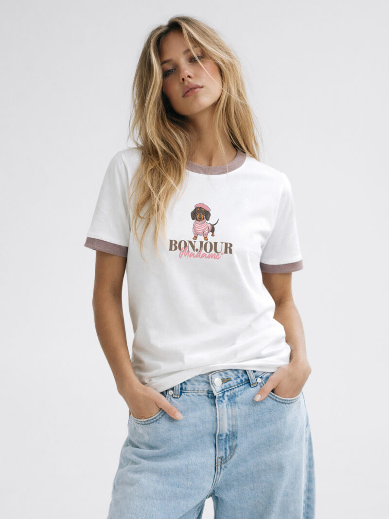 T-shirt śmietankowy BONJOUR z lamówką jamniczek Bopoco