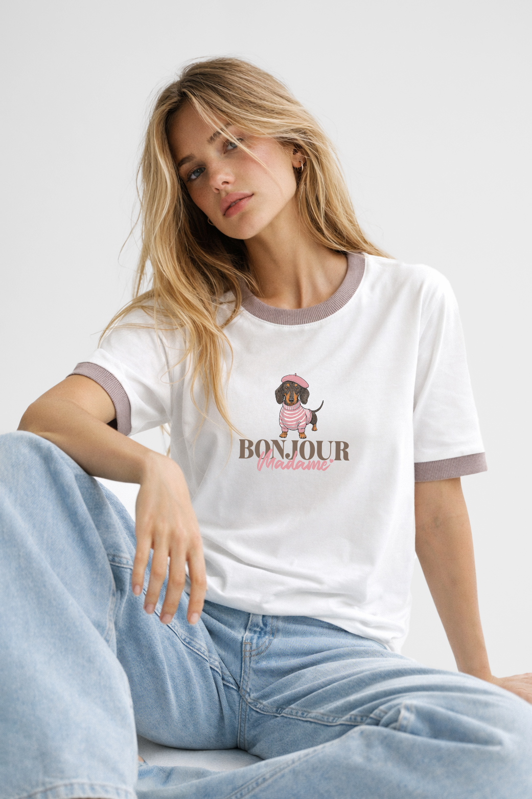 T-shirt śmietankowy BONJOUR z lamówką jamniczek Bopoco - obrazek 3