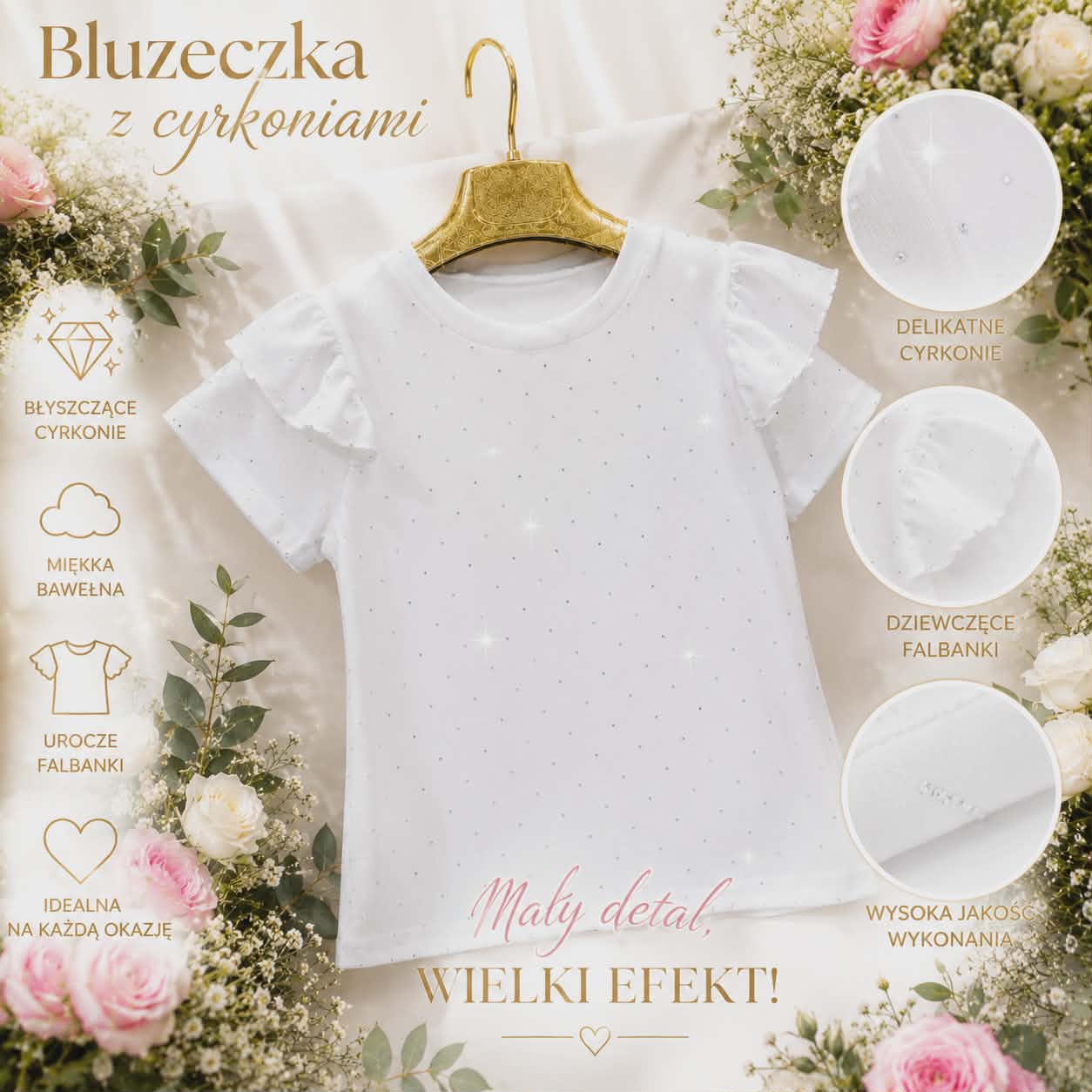Bluzka dziewczęca biała elegancka galowa cyrkonie falbanka - obrazek 2