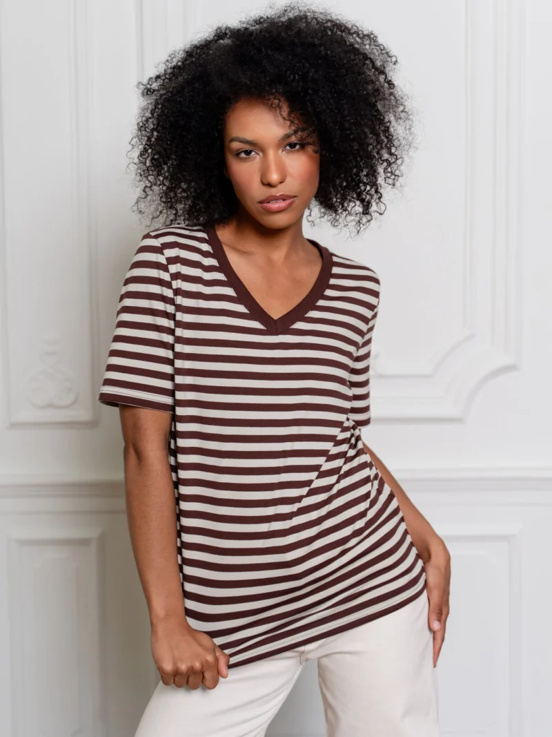 T-shirt damski V-neck serek w paski brązowo-beżowe Bopoco