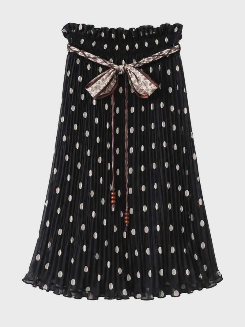Eleganckie spodnie dziewczęce culotte czarne w grochy z paskiem