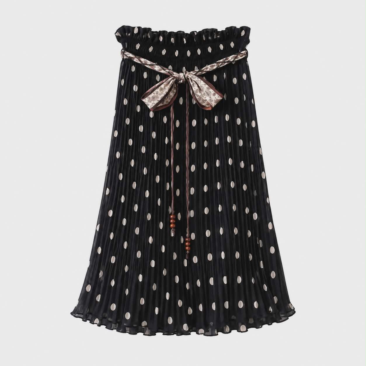 Eleganckie spodnie dziewczęce culotte czarne w grochy z paskiem