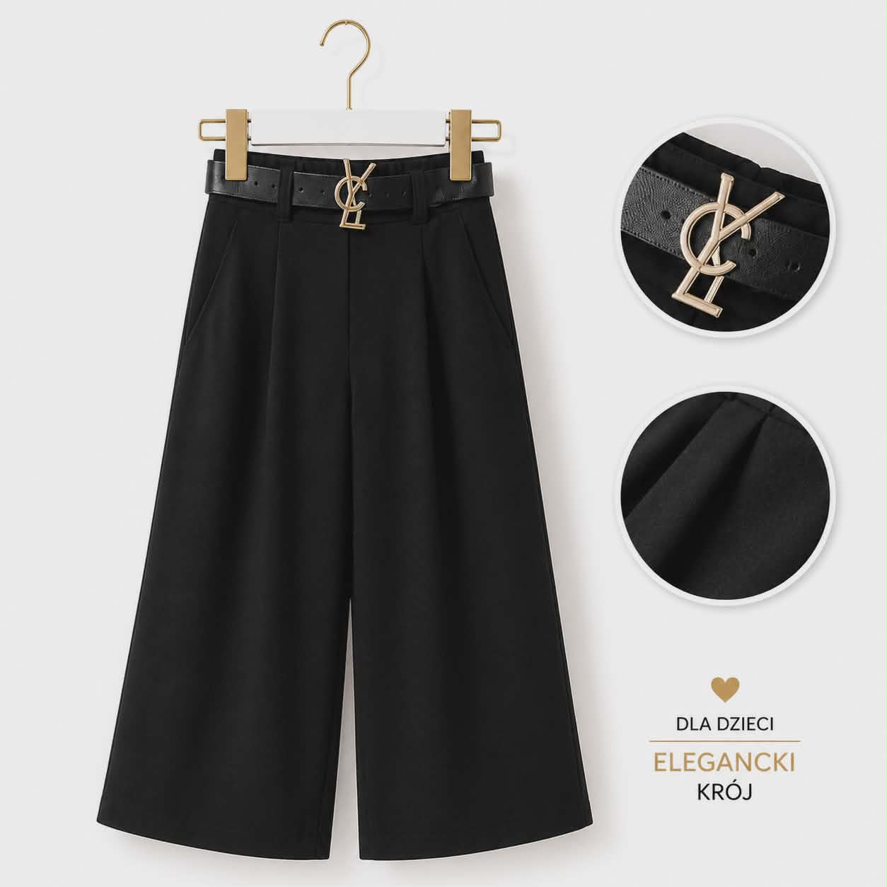 Eleganckie Spodnie Dziewczęce Culotte Czarne Szerokie Nogawki Pasek - obrazek 4