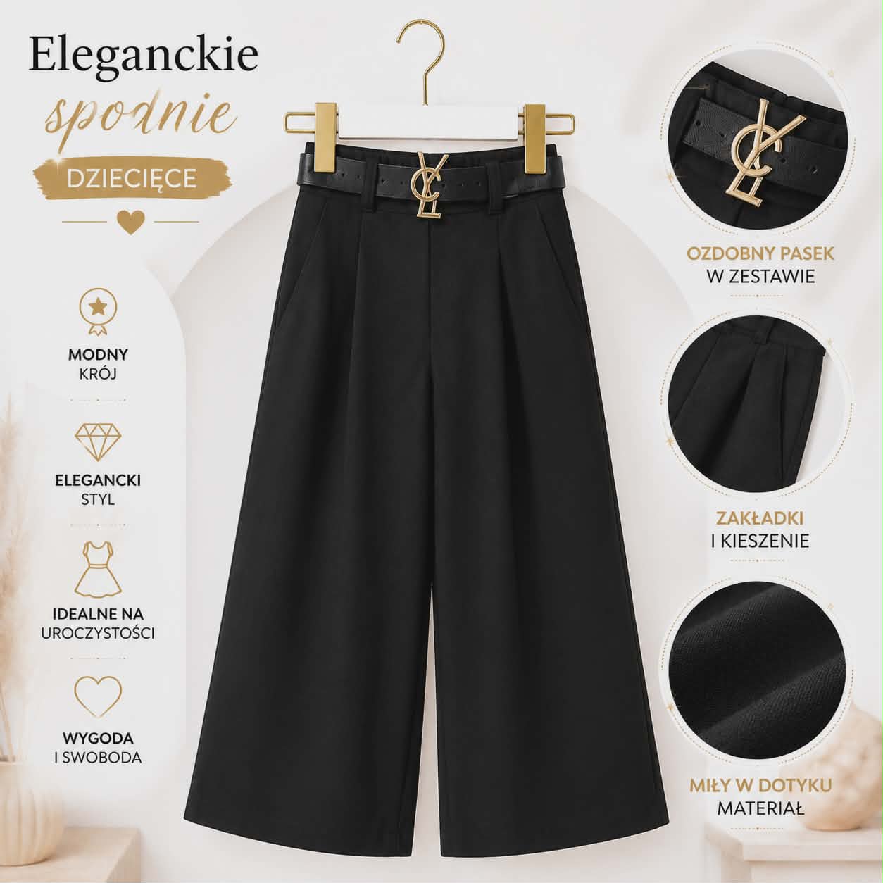 Eleganckie Spodnie Dziewczęce Culotte Czarne Szerokie Nogawki Pasek - obrazek 2