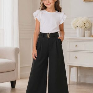 Eleganckie Spodnie Dziewczęce Culotte Czarne Szerokie Nogawki Pasek