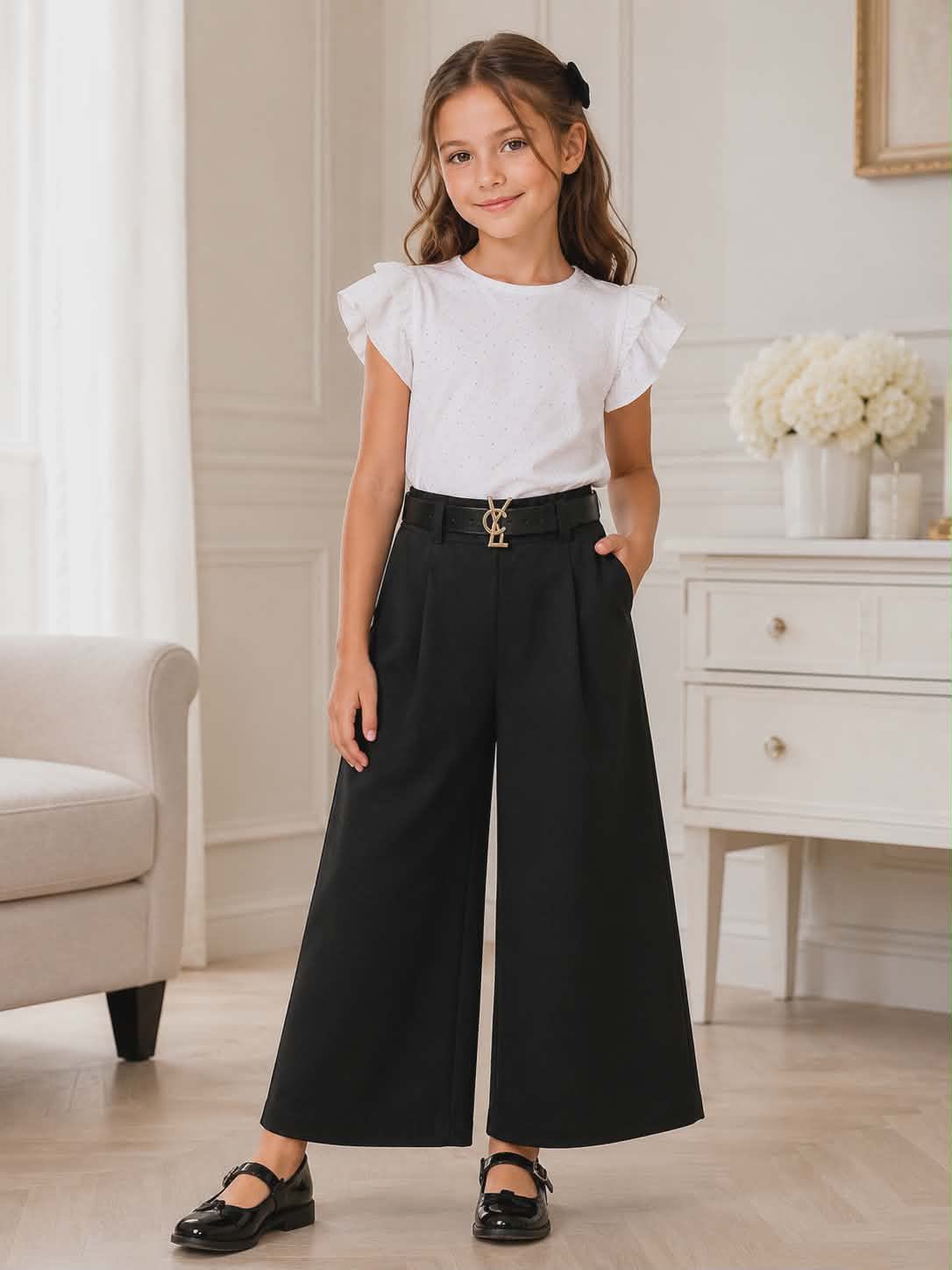 Eleganckie Spodnie Dziewczęce Culotte Czarne Szerokie Nogawki Pasek