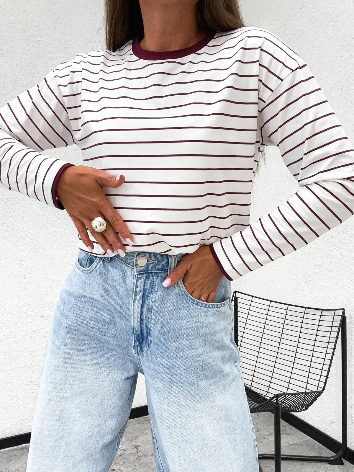 Bluzka damska longsleeve Basic Stayhere w paski - obrazek 2