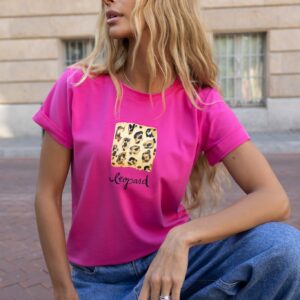 T-shirt damski bluzka Leopard Lara Fashion fuksja