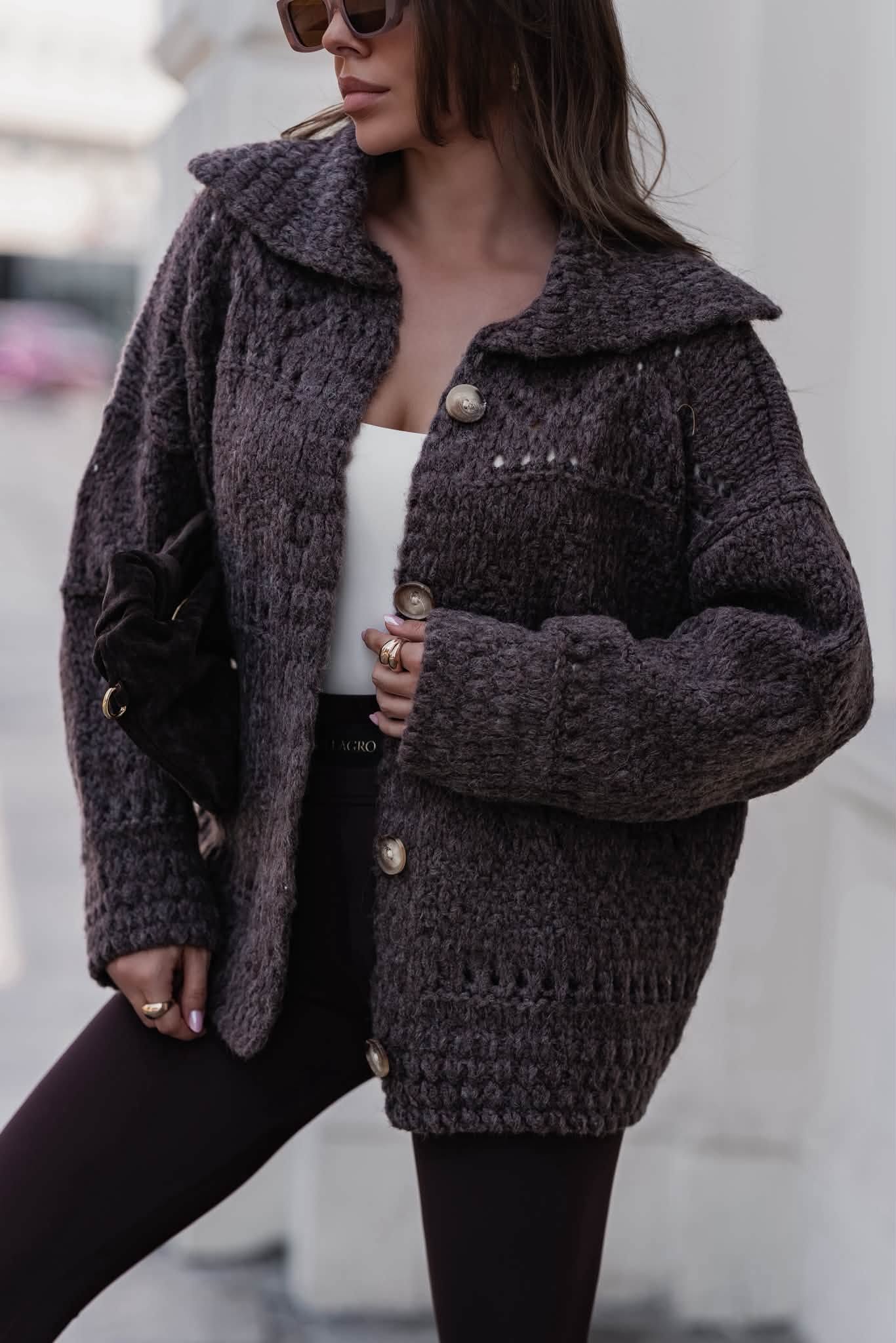 Sweter damski kardigan z kołnierzem luźny krój Polly - obrazek 2
