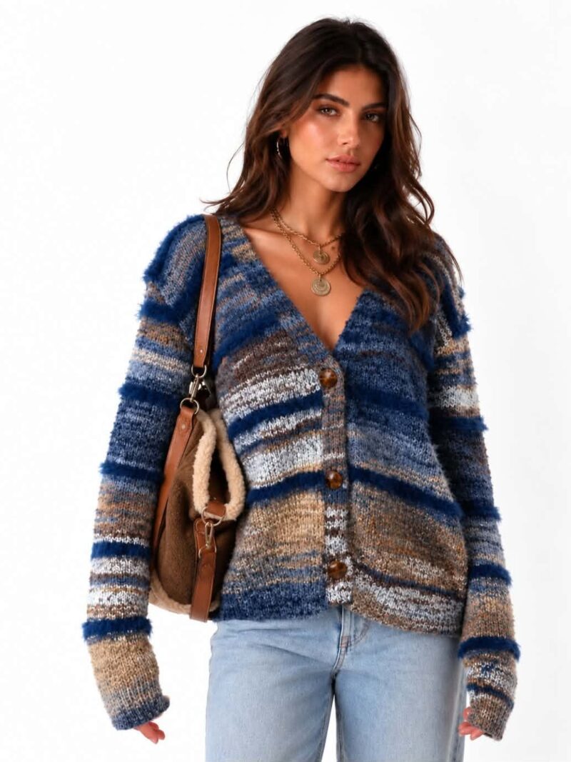 Kardigan damski w paski granatowy zapinany na guziki sweter oversize