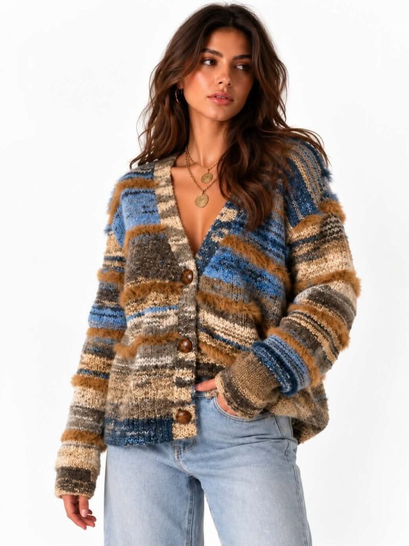 Kardigan damski w paski brązowy zapinany na guziki sweter oversize