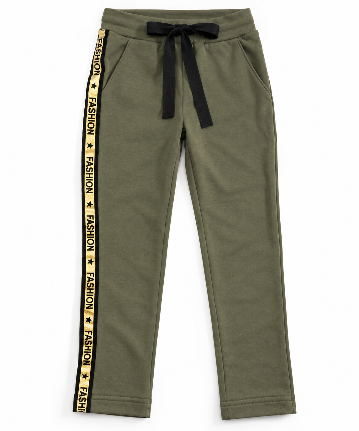 Spodnie dziewczęce khaki z czarno-złotym lampasem FASHION - obrazek 3